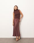 [ARRANGE] ARRANGE knit drop waist midi dress with satin skirt in chocolate-Brown 14 Chocolate