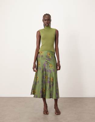 ARRANGE ARRANGE knit drop waist midi dress with satin skirt in inky floral-Multi