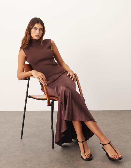 ARRANGE knit dropped waist midi dress with satin skirt in chocolate