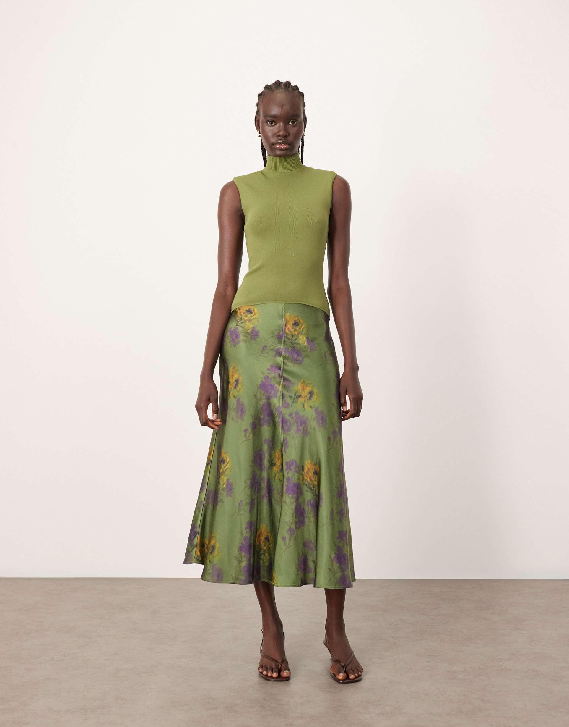 arrange knit dropped waist midi dress with satin skirt in inky floral