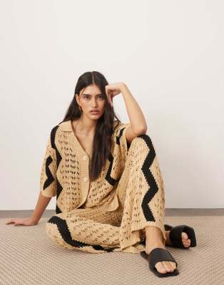 knit oversized shirt with zig zag in camel - part of a set-Multi