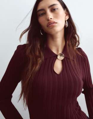 Arrange Knit Ribbed Bodysuit With Oversized Button In Red