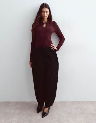 Arrange Knit Ribbed Bodysuit With Oversized Button In Red