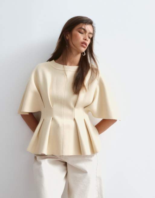 ARRANGE knit short sleeve cinched pleated top in buttermilk, 2 of 4