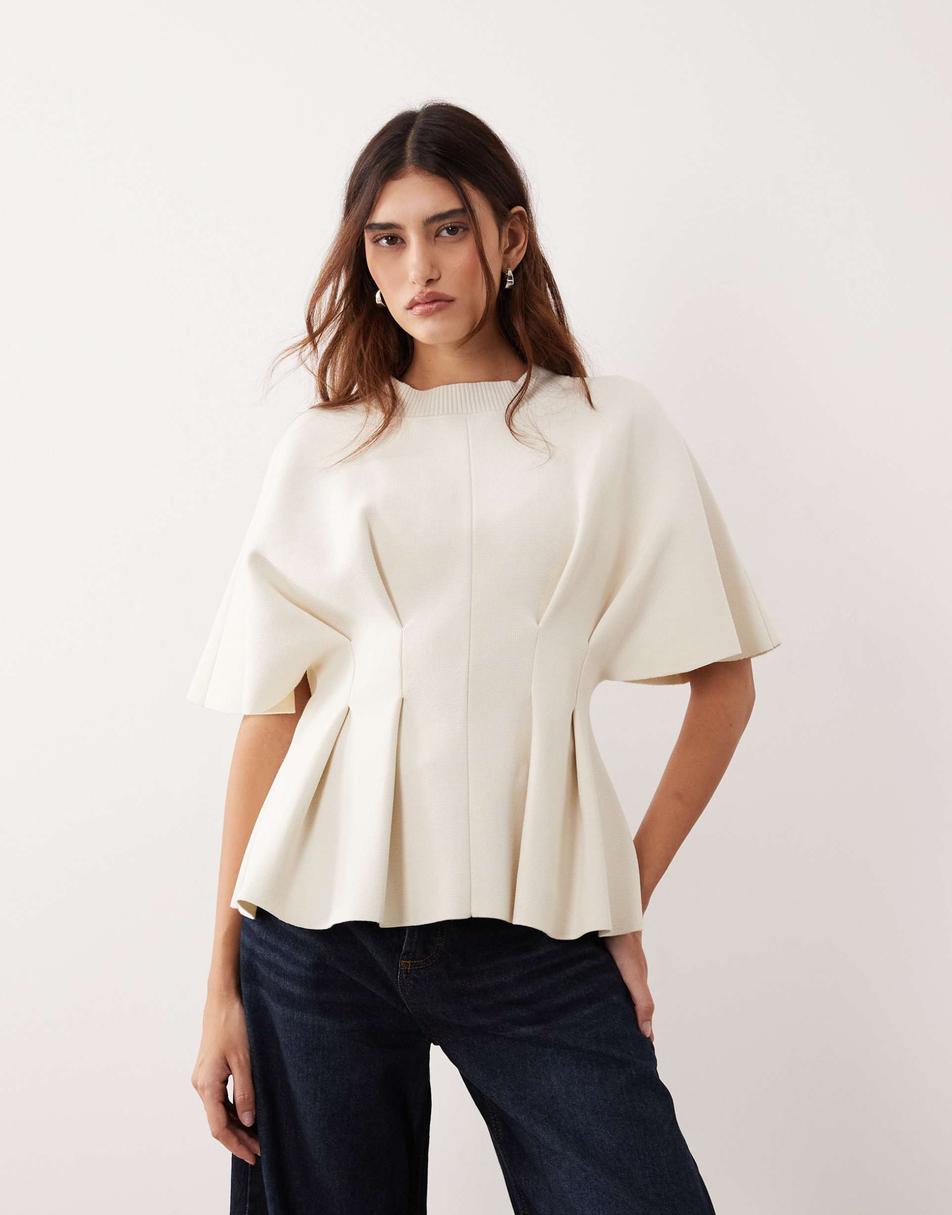 arrange knit short sleeve cinched pleated top in oyster