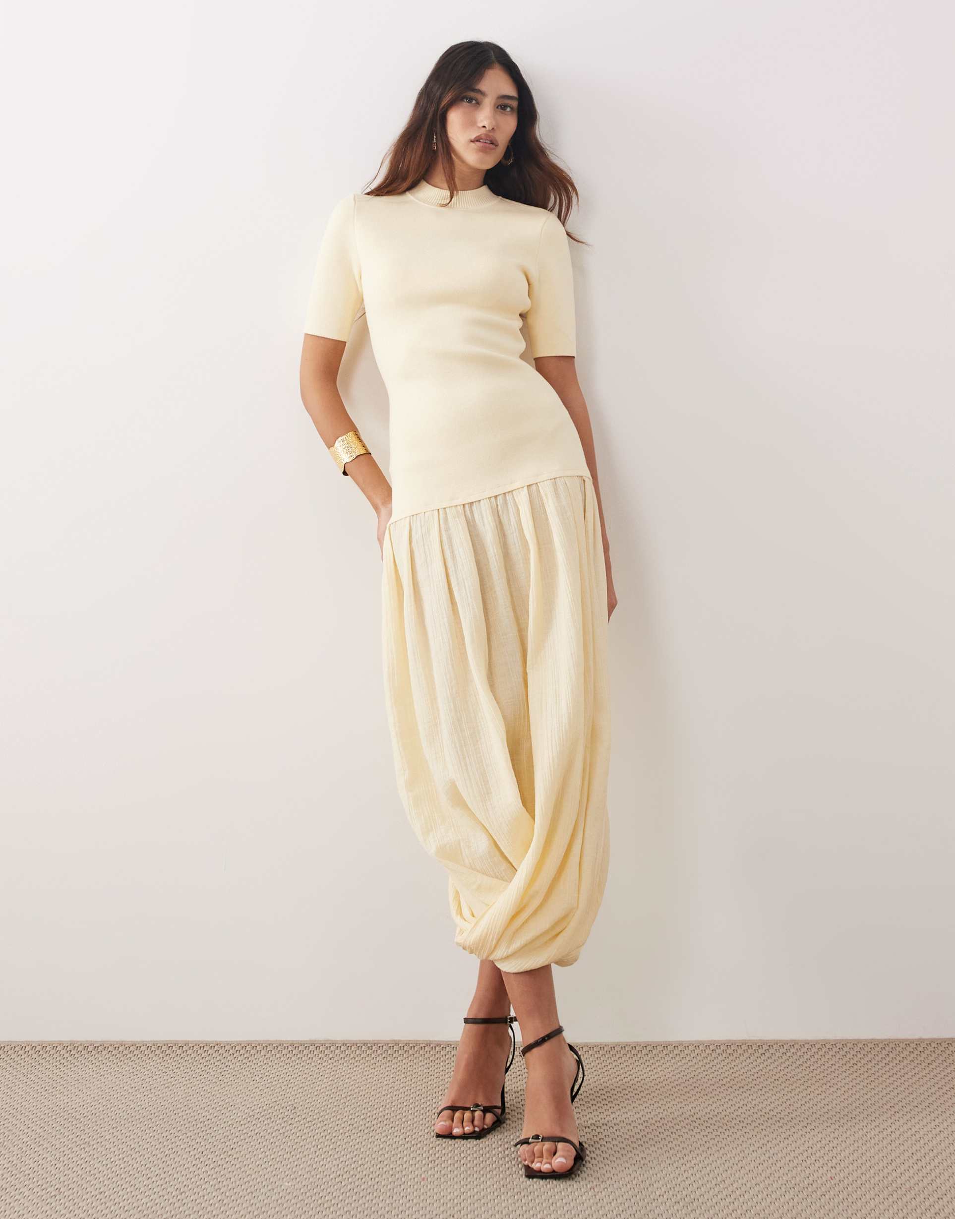 arrange knit short sleeve hybrid midi dress in buttermilk