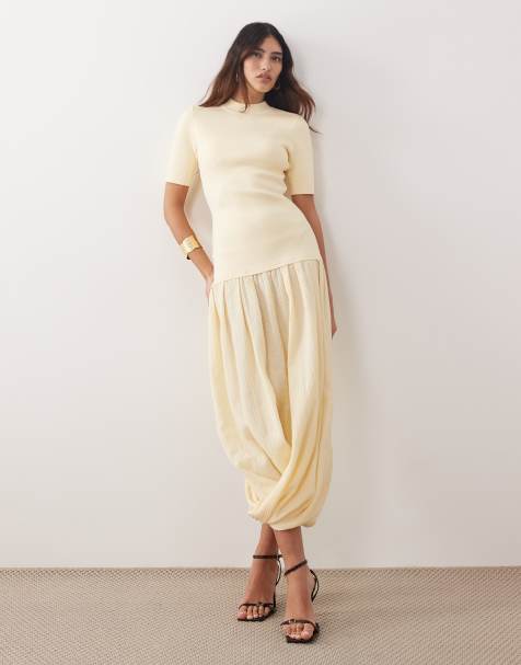 ARRANGE knit short sleeve hybrid midi dress in buttermilk
