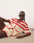 [ARRANGE] ARRANGE knitted contrast stripe button through top with pockets in cream and red (part of a set) S Cream and red