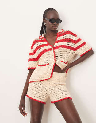 ARRANGE knitted contrast stripe short co-ord in cream and red