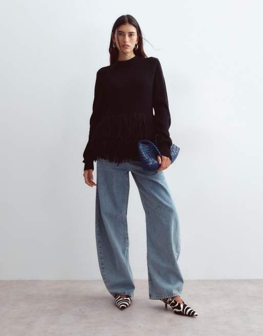 ARRANGE knitted jumper with fringe hem in black, 2 of 5