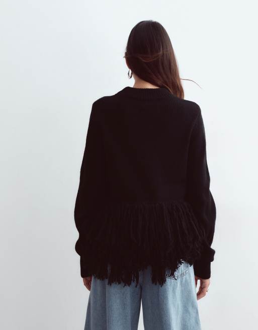 ARRANGE knitted jumper with fringe hem in black, 4 of 5