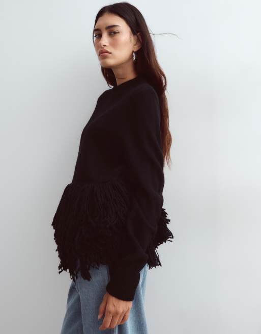 ARRANGE knitted jumper with fringe hem in black, 5 of 5