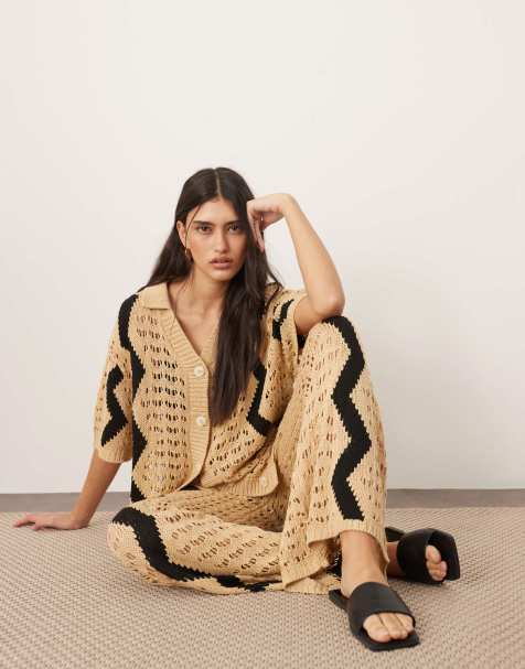 ARRANGE knitted oversized shirt with zig zag co-ord in camel