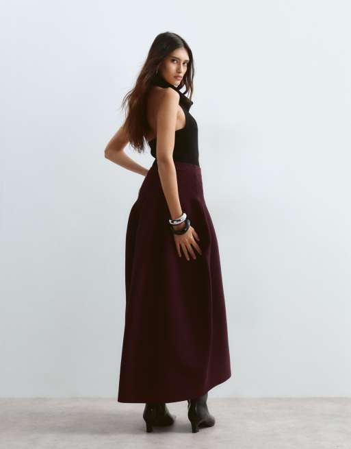 ARRANGE knitted sculpted tulip midi skirt in oxblood, 4 of 5