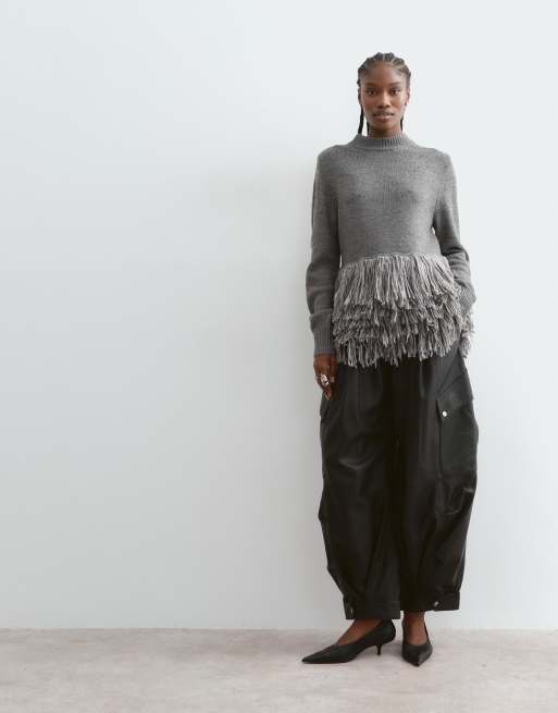ARRANGE knitted sweater with fringe hem in gray, 2 of 5