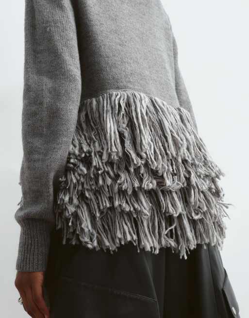 ARRANGE knitted sweater with fringe hem in gray, 3 of 5