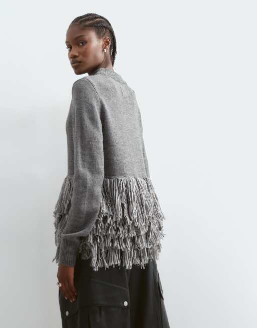 ARRANGE knitted sweater with fringe hem in gray, 4 of 5