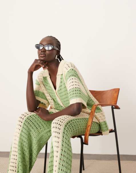 ARRANGE knitted vertical stripe oversized shirt in green (part of a set) - view 1