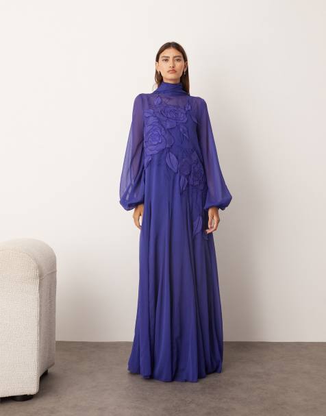 ARRANGE applique floral tie neck blouson sleeve trapeze maxi dress in cobalt blue