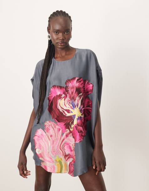 ARRANGE – Kokon-Minikleid in Anthrazit mit verzerrter Blumenstickerei - view 1