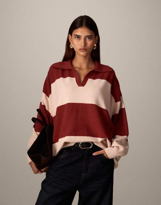 ARRANGE – Kompakter Oversize-Strickpullover in Rot und Cremeweiß gestreift mit Rugby-Kragen