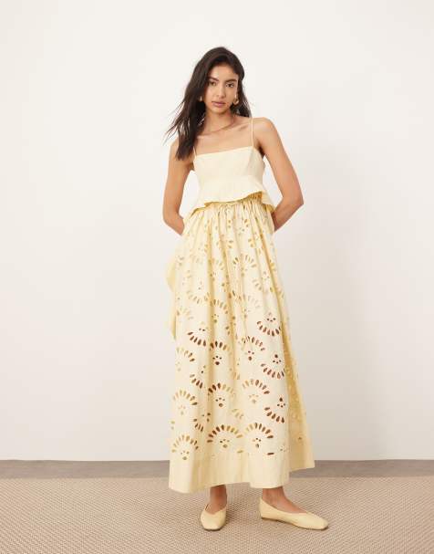 ARRANGE contrast broderie empire cami midi dress with ruffle detail in buttermilk