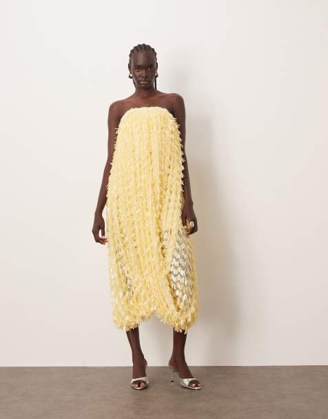 ARRANGE twisted drape bandeau midi dress in sequin fringe in buttermilk