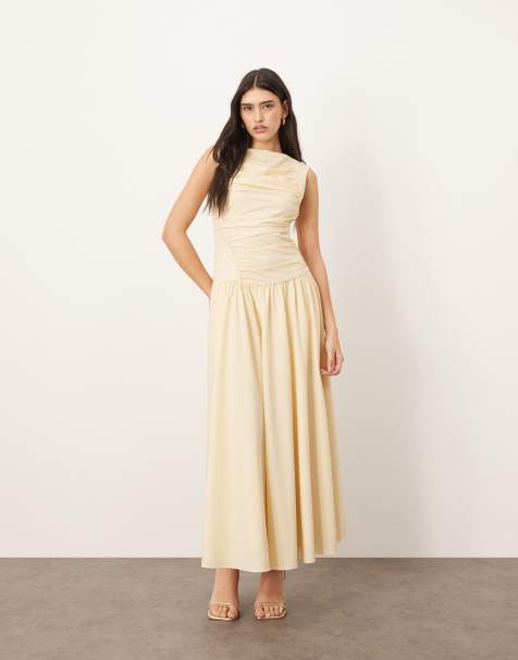 ARRANGE poplin ruched detail drop waist midi dress in buttermilk