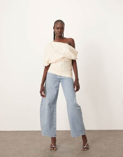 ARRANGE  draped off shoulder top in texture in cream