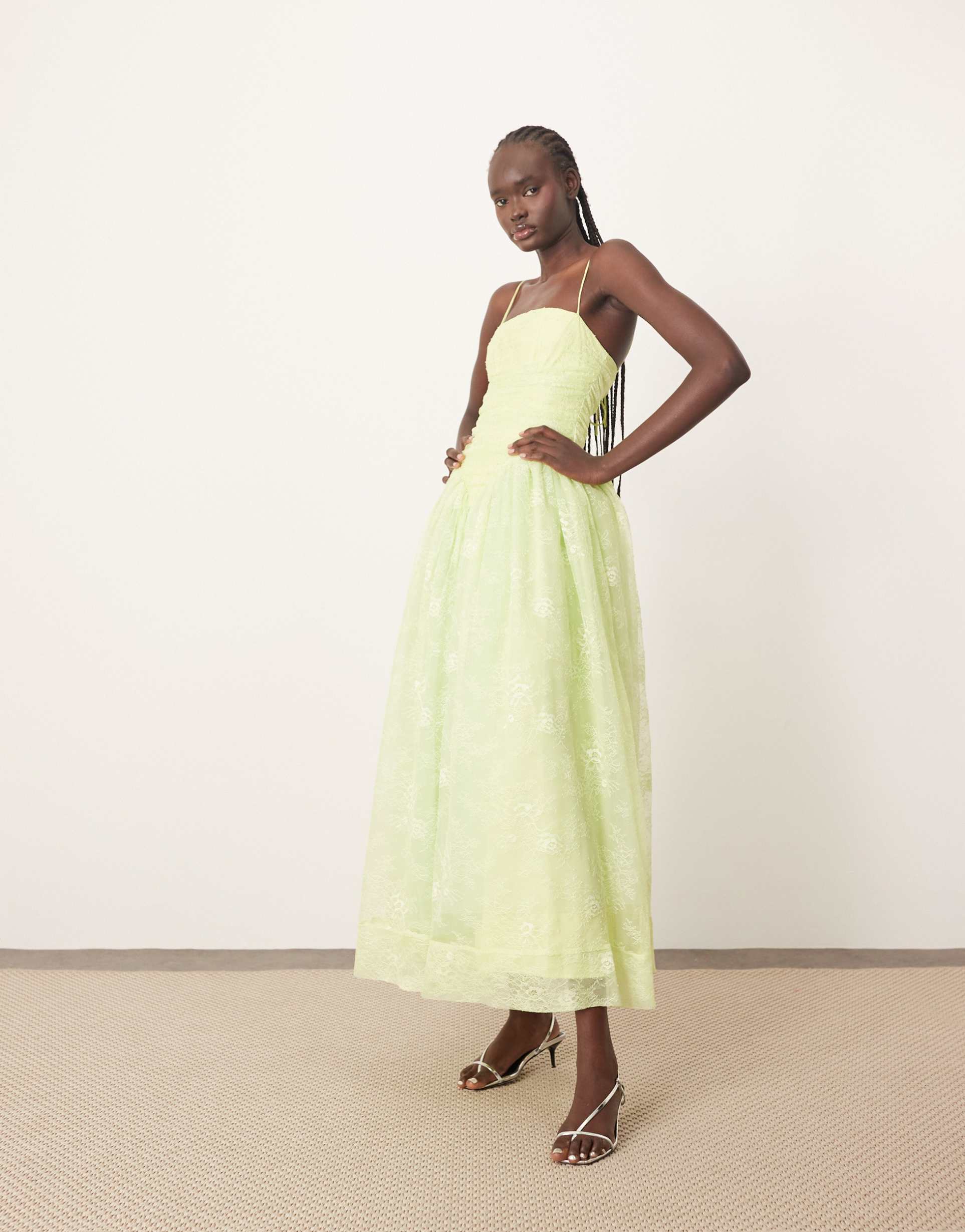 arrange lace corset detail midi dress with full skirt in apple green