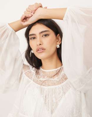 Arrange Lace Detail Blouson Sleeve Top With Drawstring Detail In White