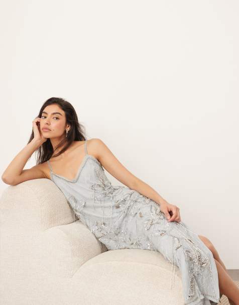 ARRANGE lace embellished floral fringe cami column midaxi dress in light blue - view 1