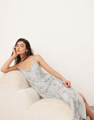 ARRANGE ARRANGE lace embellished floral fringe cami column midi dress in light blue