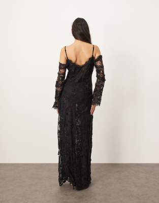 Arrange Lace Embroidered Cold Shoulder Maxi Dress With Slit In Black