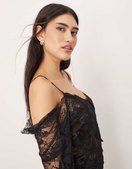 knee length dresses for ladies Gothic Cold Shoulder Lace Mesh Maxi Dress with Corset main image 0