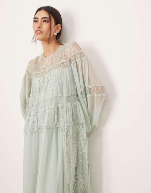 ARRANGE lace insert drop waist blouson sleeve trapeze maxi dress in light  blue | ASOS
