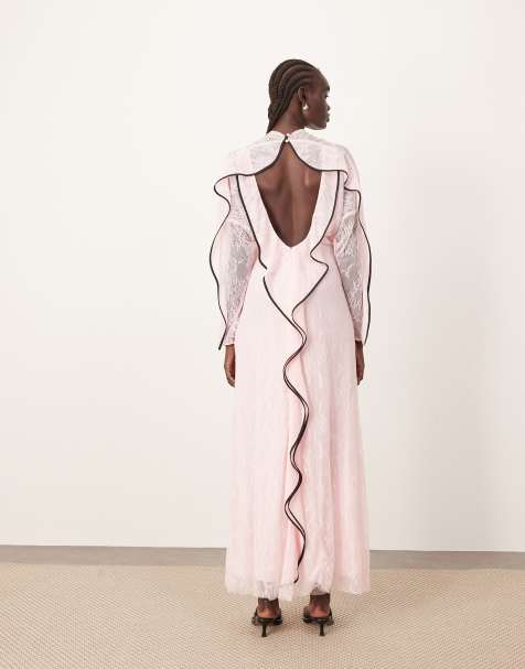 ARRANGE lace long sleeve maxi dress with frill framed back and tipping in pink - view 1