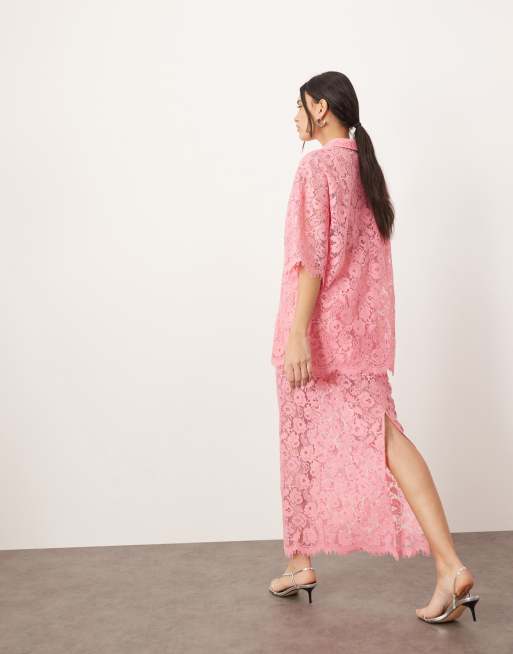 【新品未使用】 Rosa Lace Peplum Skirt Crush Flared Midi Skirt Pink Lace Print Online | Zimmermann