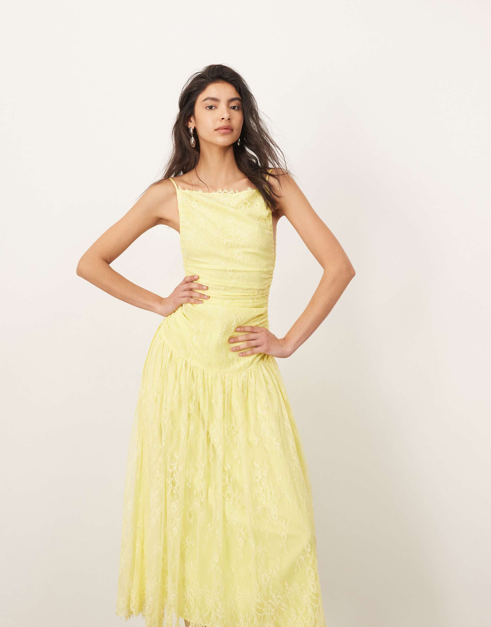 arrange lace ruched dropped waist midi dress in lemon