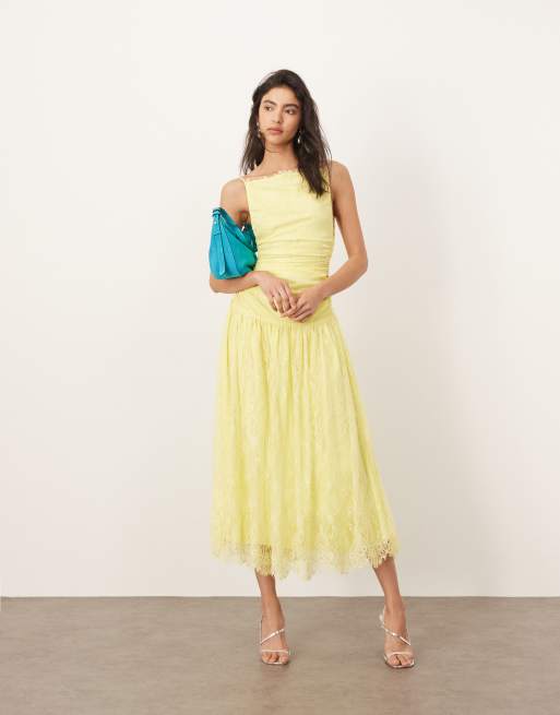ARRANGE lace ruched dropped waist midi dress in lemon