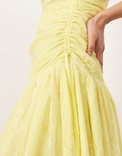 ARRANGE lace ruched dropped waist midi dress in lemon