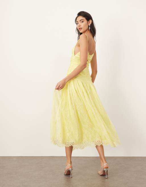 ARRANGE lace ruched dropped waist midi dress in lemon