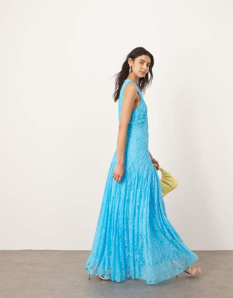 ARRANGE lace ruched panel dropped waist maxi dress in sky blue - view 1