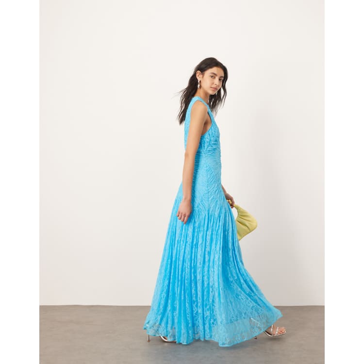 ARRANGE lace ruched panel dropped waist maxi dress in sky blue | ASOS