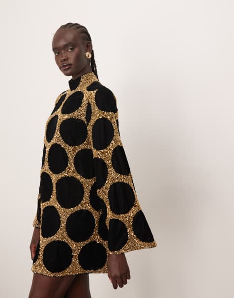 ARRANGE – Langärmliges, hochgeschlossenes Minikleid mit goldfarbenem, verzierten Punktemuster - view 1