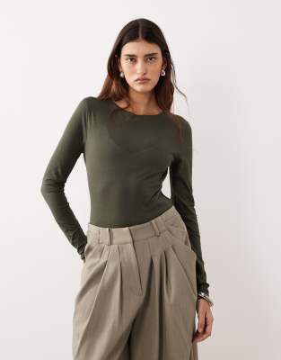 ARRANGE - Langärmliges Jersey-Oberteil in Khaki mit Ziernaht-Grün