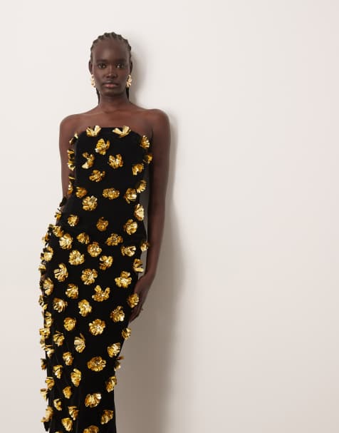 ARRANGE - Lange bandeau-jurk met 3D bloemen in zwart - view 1