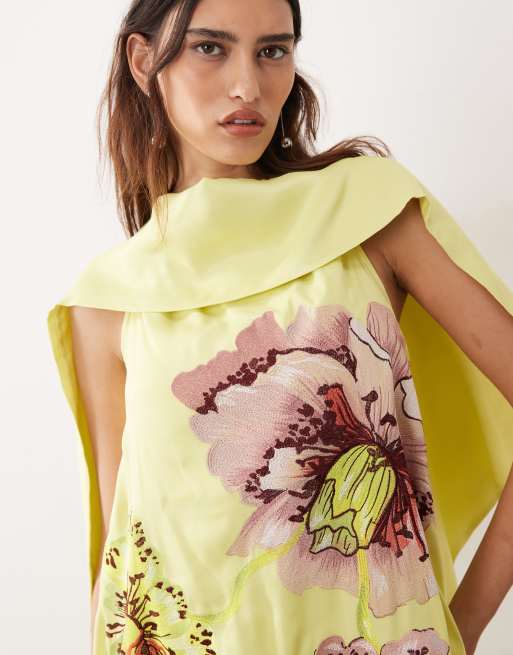 ARRANGE large botanical floral high neck satin drape maxi dress in lime green, 2 of 4