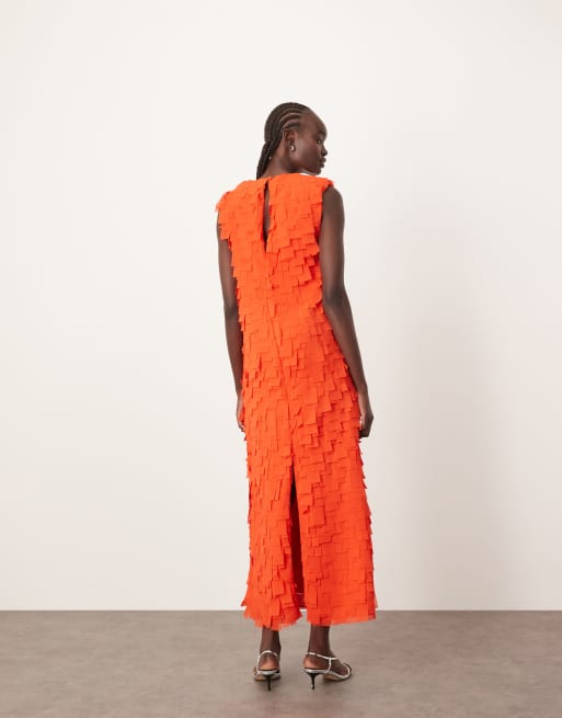 ARRANGE laser cut plunge neckline shoulder pad maxi dress with pockets in red