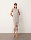[ARRANGE] ARRANGE lattice grid mini dress with fringe hem in metallic-Silver 4 Silver